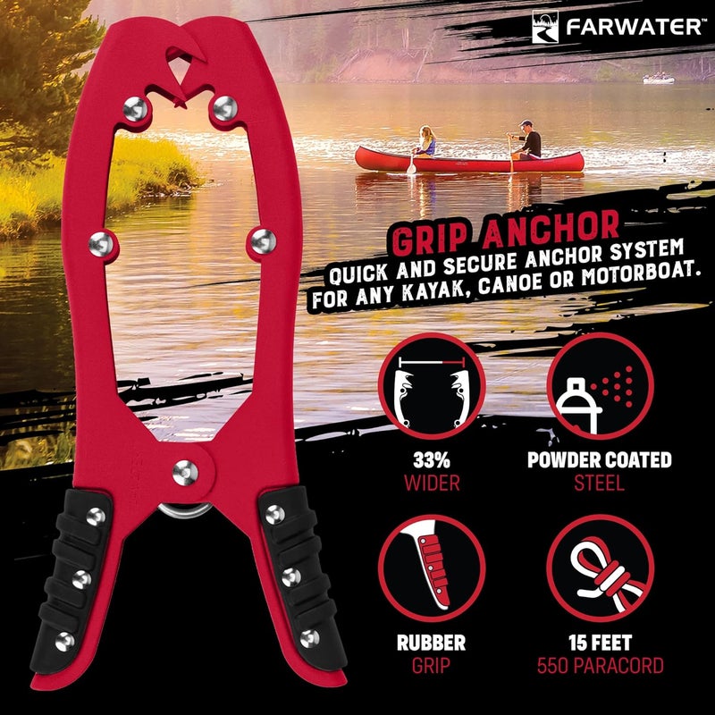 FARWATER Canoe Anchor Grip - Boat, Float Tube & Kayak Fishing Accessories, Kayaking Equipment - Brush Clamp Anchor with Teeth - Gripper with 15ft Paracord - Rubber Grips - Coated Steel - - Image 2